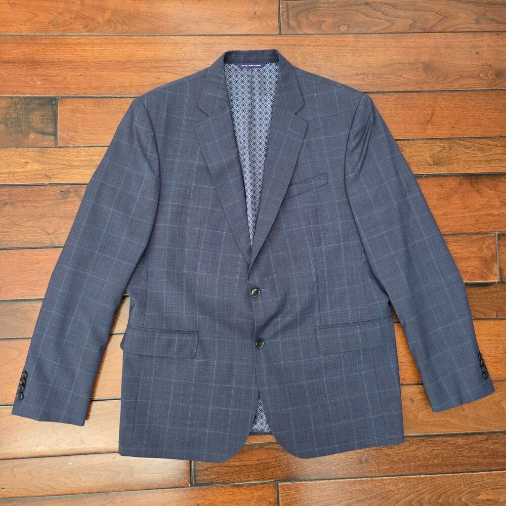 Ted Baker Endurance 44R 100% Wool Blue Windowpane Sport Coat Blazer Mens